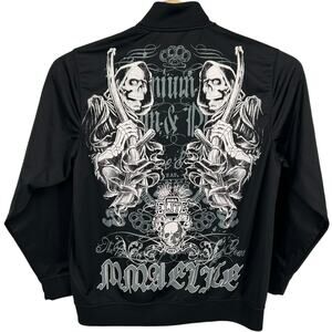 VTG y2k Men's Black White MMA Elite Grim Reaper Skull Full Zip Sweatshirt Sz L